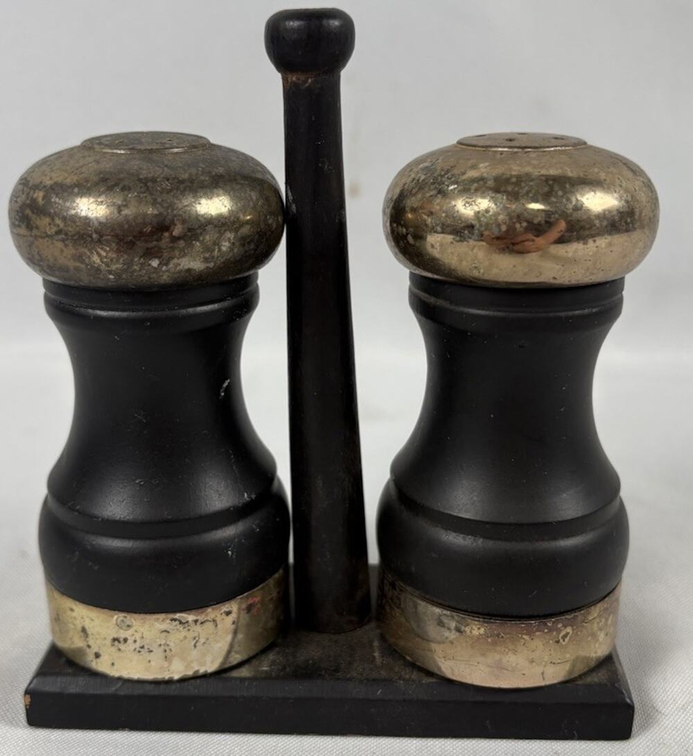 Vintage Mid Century Black Wood Salt Shaker & Pepper Mill Grinder Caddy Stand
